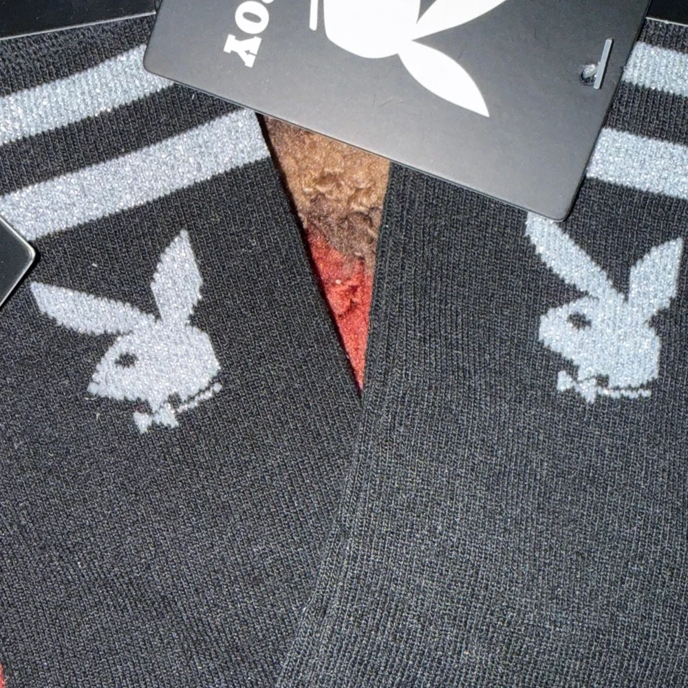 PLAYBOY Black and Grey Glitter Striped Crew Socks- NWT